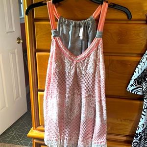 Large peach and gray lace tank top